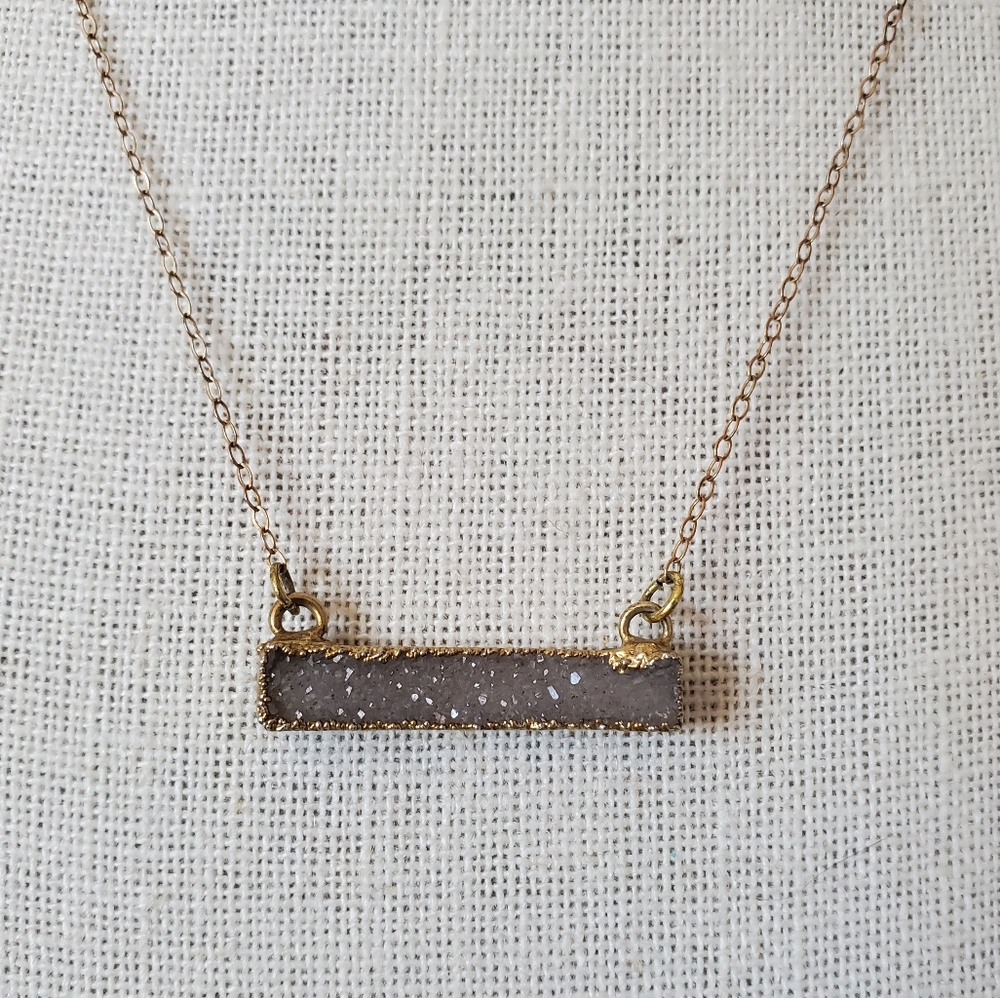 Gray Druzy Quartz Bar Pendant 14k Gold Filled Chain Necklace